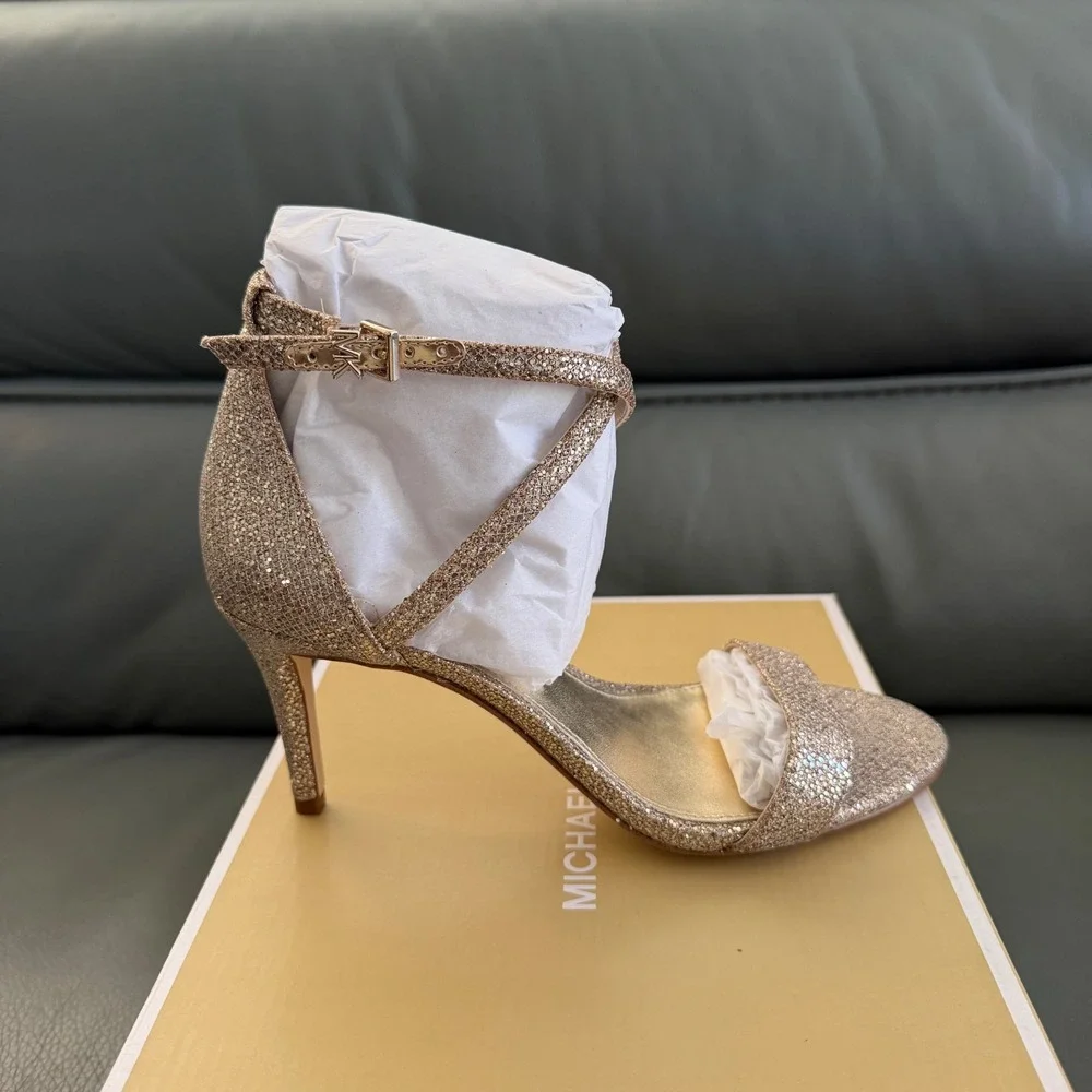 Michael Kors Ava Mid Sandal Glitter Mesh Rose Gold Sand 7M 40F9AVMA3D